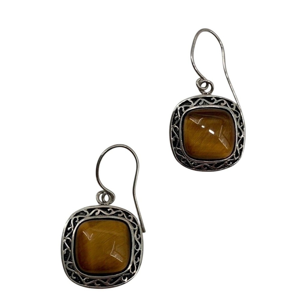 925 Sterling Silver Tiger Eye Dangle Earrings Square Filigree Boho Hook Pair